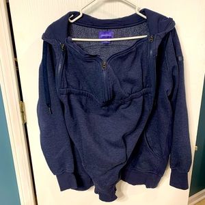 Dark blue postpartum sweatshirt with baby wearing-cover extension